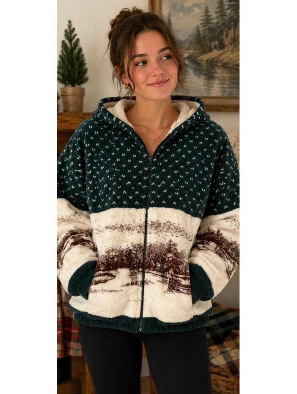 Country Woods Vintage Sherpa Fleece Jacket Hoodie – Cozy Outdoor Print Womens S